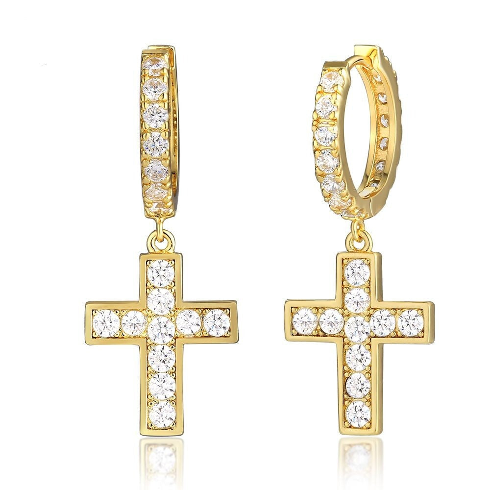 The Valor® - 925 Sterling Silver Diamond Hoop Earrings with Diamond Hanging Cross by Bling Proud | Urban Jewelry Online Store