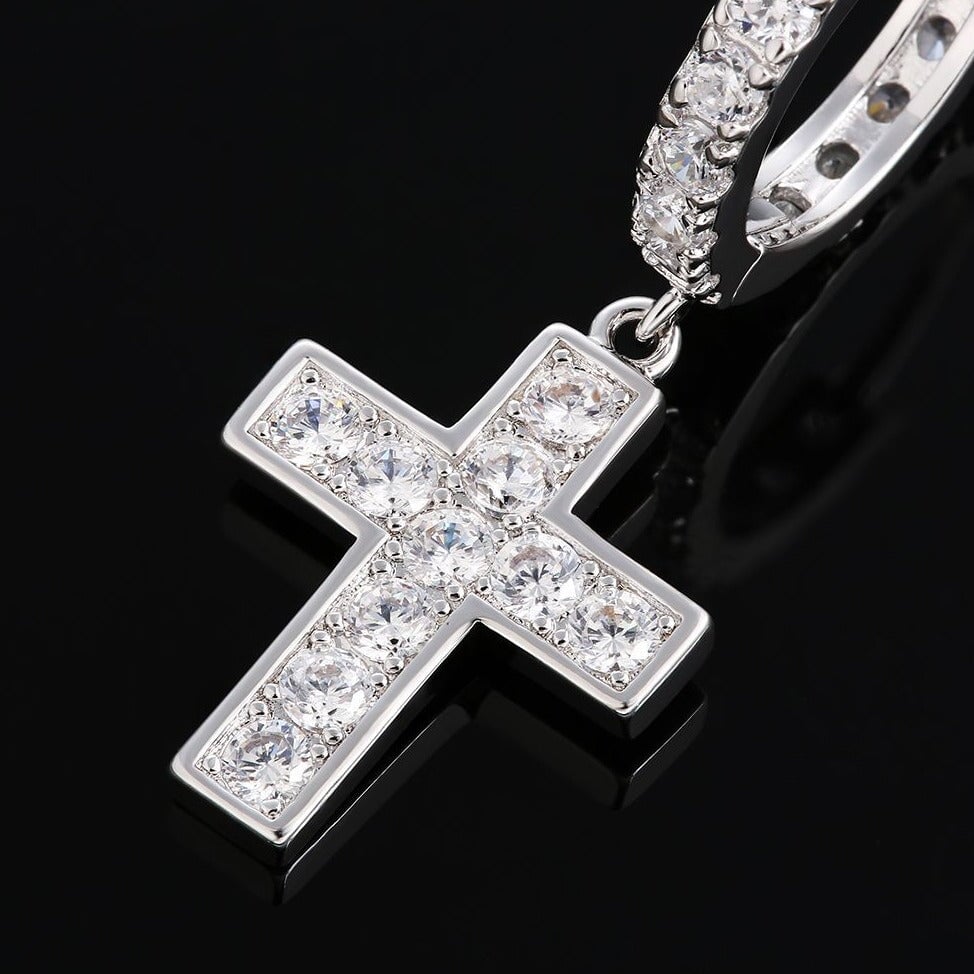 The Valor® - 925 Sterling Silver Diamond Hoop Earrings with Diamond Hanging Cross by Bling Proud | Urban Jewelry Online Store